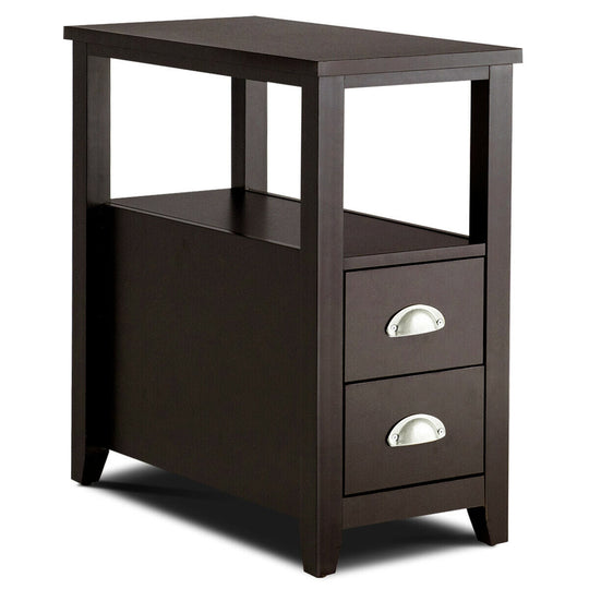 End Table Wooden with 2 Drawers and Shelf Bedside Table