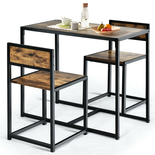 3 Pcs Dining Set Compact Table and 2 Chair with Metal Frame for for Small Space