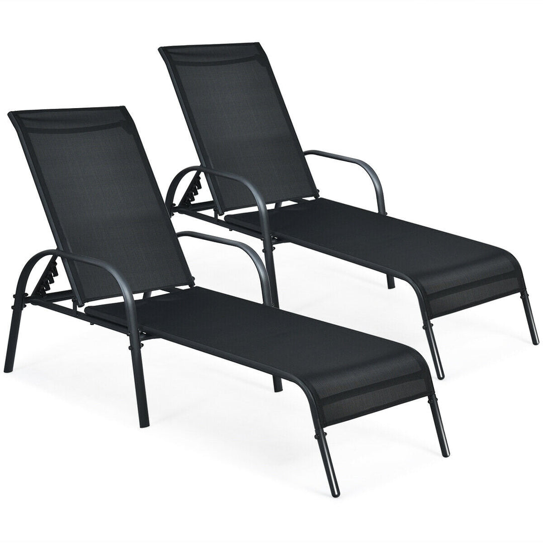 2 Pcs Outdoor Patio Lounge Chair Chaise Fabric with Adjustable Reclining Armrest-Brown