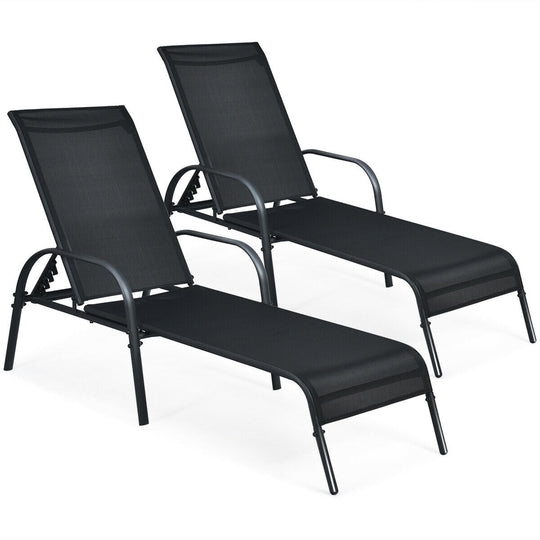 2 Pcs Outdoor Patio Lounge Chair Chaise Fabric with Adjustable Reclining Armrest-Brown