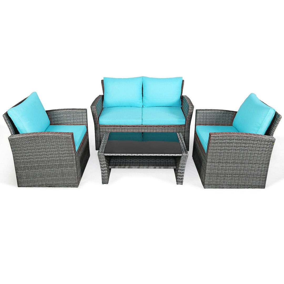 4 Pieces Patio Rattan Furniture Set Sofa Table with Storage Shelf Cushion