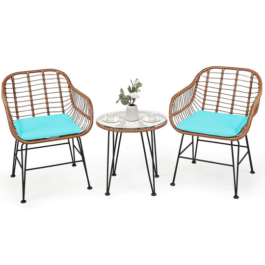 3-Piece Rattan Bistro Set with Cushions and Glass Table