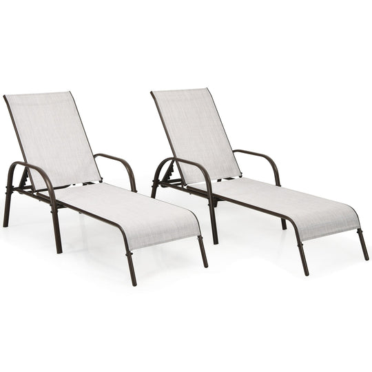 2 Pcs Outdoor Patio Lounge Chair Chaise Fabric with Adjustable Reclining Armrest-Brown