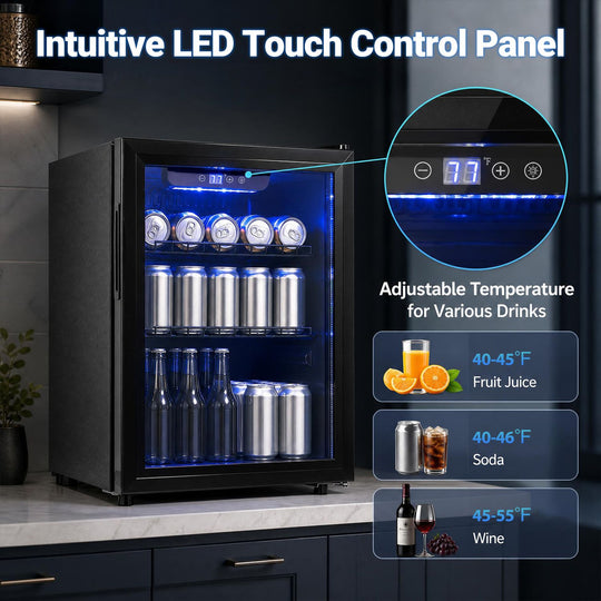 1.98 cu.ft Beverage Refrigerator Cooler with Glass Door and LED Light Removable Shelves-Black