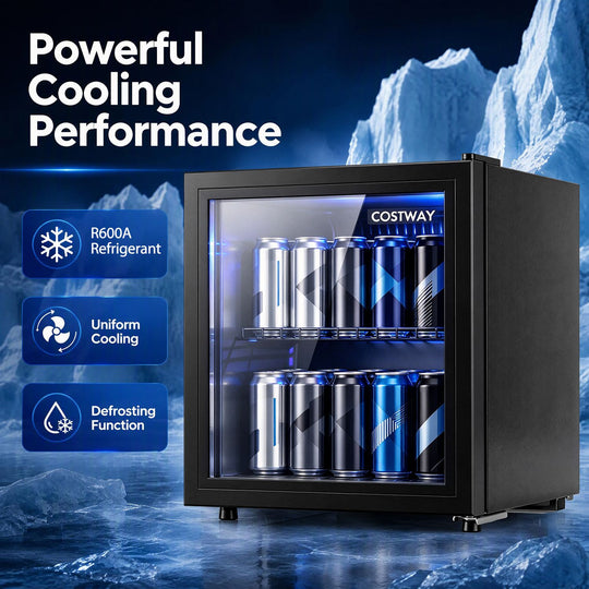 1.55 cu.ft Beverage Refrigerator Cooler with Glass Door LED Light and Removable Shelf for Home Office Dorm Bar-Black