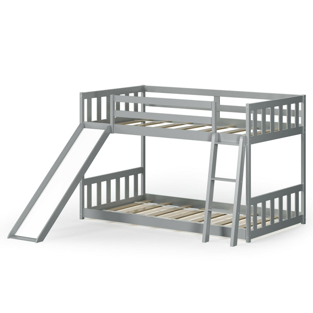 Twin over Twin Bunk Wooden Low Bed with Slide Ladder for Kids