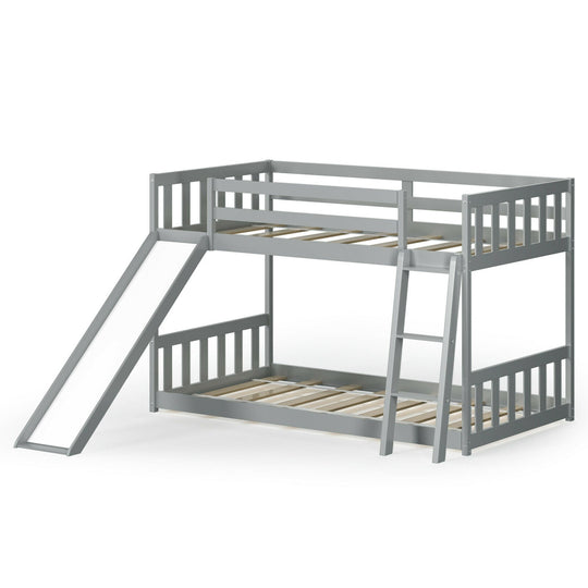 Twin over Twin Bunk Wooden Low Bed with Slide Ladder for Kids