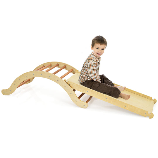 3-in-1 Kids Wooden Arch Triangle Rocker Climber Set with Ramp and Mat