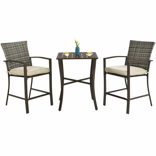 3 Pieces Rattan Bar Furniture Set with Slat Table and 2 Cushioned Stools
