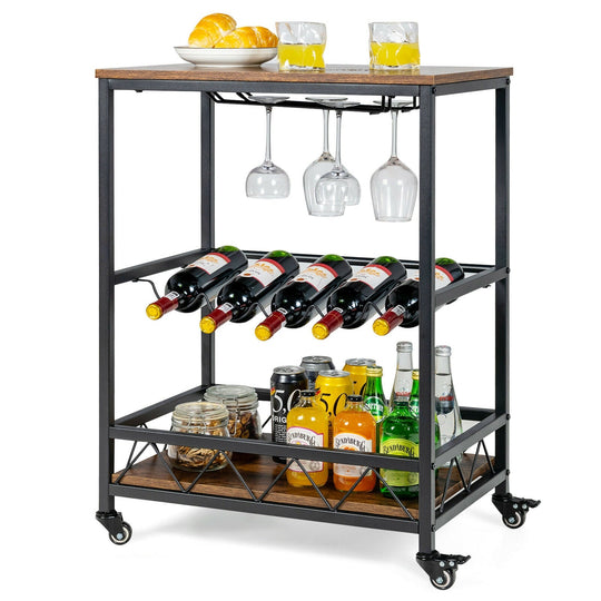 Kitchen Bar Cart Serving Trolley on Wheels with Wine Rack Glass Holder-Rustic Brown