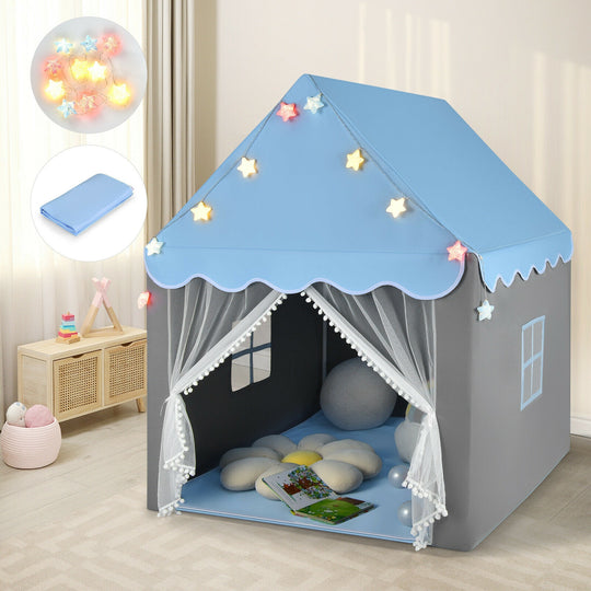 Kids Playhouse Tent with Colorful Star Lights and Mat-Blue