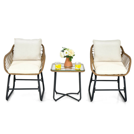 3-Piece Patio Bistro Set with 2 Rattan Chairs and Square Glass Coffee Table-White