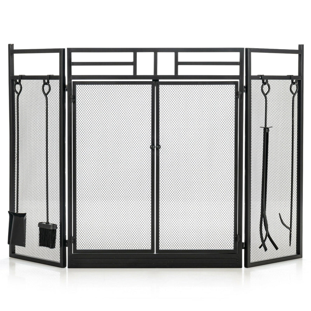 3-Panel Folding Wrought Iron Fireplace Screen with Doors and 4 Pieces Tools Set-Black