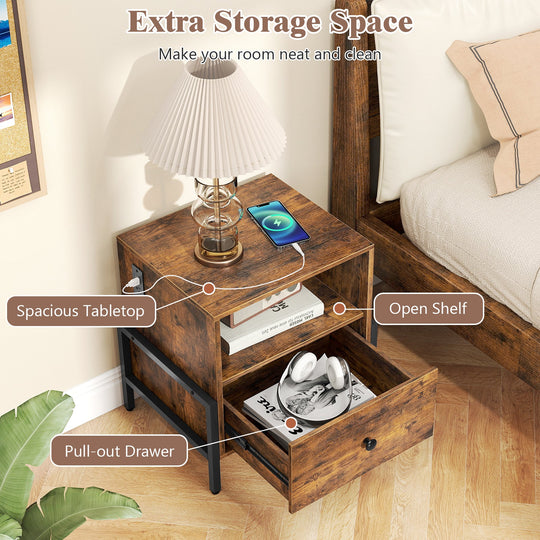 Nightstand with Charging Station and Drawer Sofa Side Table-Rustic Brown