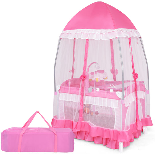 Portable Baby Playpen Crib Cradle with Carring Bag-Pink