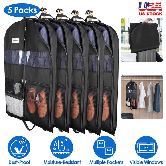 5 Packs Garment Bags Breathable Suit Bag Washable Clothes Cover Protector with Handles for Suits Coat Shirts T-shirts Jackets Dress for Adults Childre