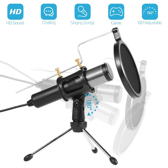 Professional Condenser Microphone Studio Recording Cardioid Microphone w/180¡ Tripods Pop Filter USB Plug for Podcasting Gaming Chatting