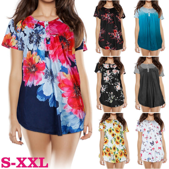 Women Summer Shirts Tops Loose Short Sleeve T Shirts Casual Floral Printed Button Shirts Blouse S-XXL