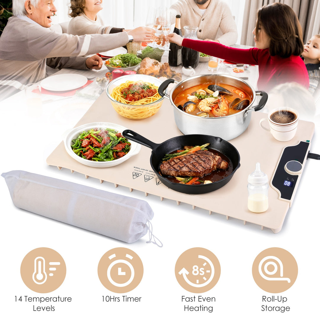 Food Warming Mat 23.6X15.8In 300W Fast Heating Electric Silicone Food Warmer With 14 Temp Levels 10Hrs Timer Settings Roll-Up Portable Hot Plates Heat
