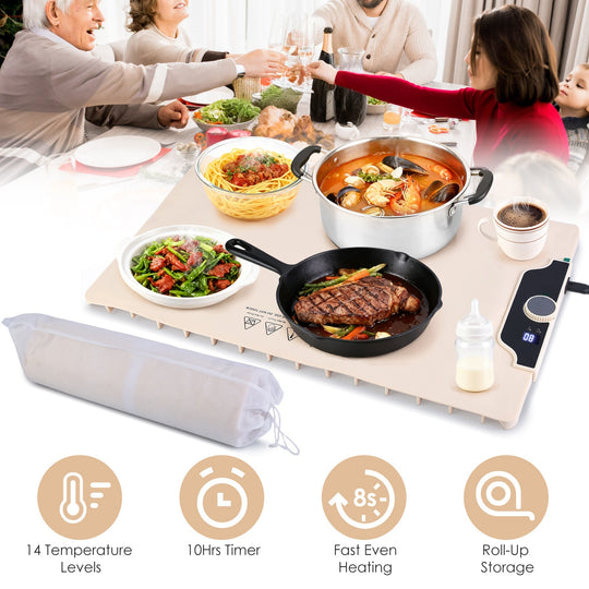 Food Warming Mat 23.6X15.8In 300W Fast Heating Electric Silicone Food Warmer With 14 Temp Levels 10Hrs Timer Settings Roll-Up Portable Hot Plates Heat