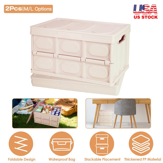2Pcs 56L Collapsible Storage Bins With Dustproof Lid Waterproof Interior Bag Handle Stackable Storage Box Container Utility Organizer Crate For Campin