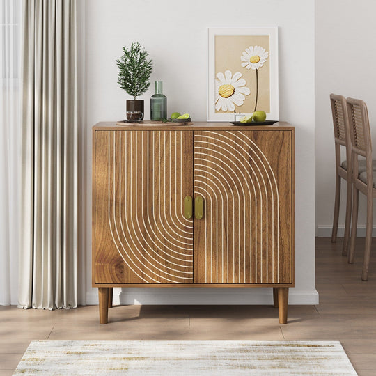 Walnut Buffet Sideboard Cabinet with Line Groove Doors