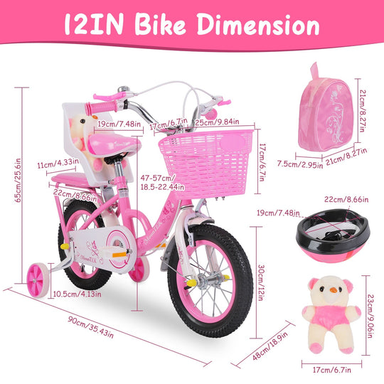 12in Carbon Steel Kid Bike with Backpack Streamers Helmet Detachable Training Wheels