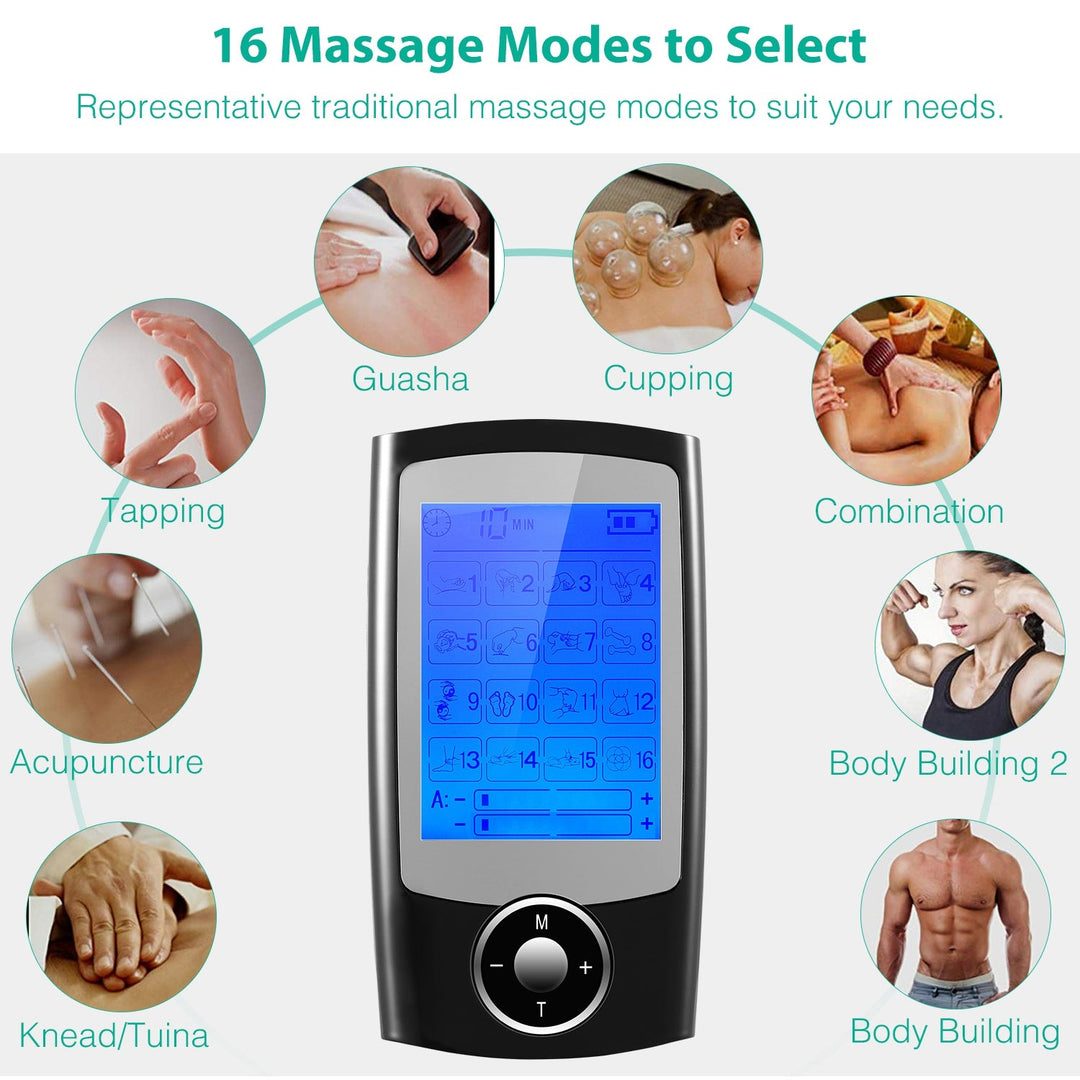 Rechargeable Tens Unit Machine Impulse Massager 16 Modes Pain Relief Body Massager Machine Muscle Stimulator w/ 2 Outputs and 6hrs Working For Relief