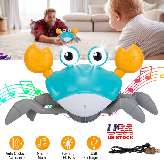 Crawling Crab Baby Toy with Music and LED Light for Kid Interactive Learning Toy Automatically Avoid Obstacles Walking Dancing Toy