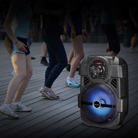 KOCASO Wireless Speaker Portable PA Karaoke System with 8" Subwoofer Sound System Wired Microphone w/ DJ Lights FM Remote Control