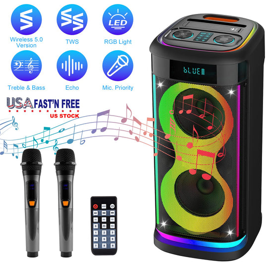 Portable Wireless Party Speaker | LED Lights, 2 Wireless Mics, Remote, TWS & Guitar Input