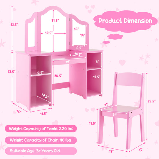 Kids Vanity Table and Chair Set with Removable Tri-Folding Mirror-Pink