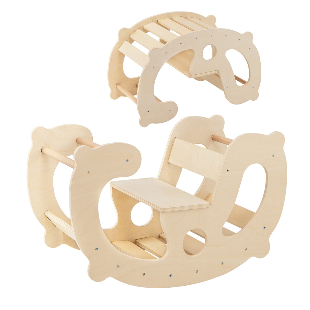 2-in-1 Rocking Horse Arch for Kids Montessori Climbing Toys with Arch Climber-Natural