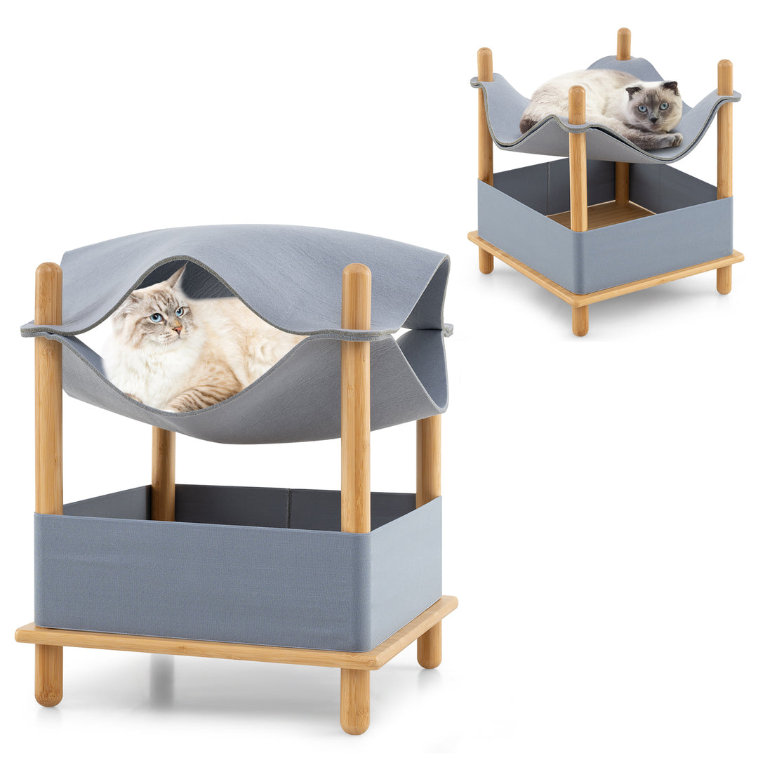 2-Tier Wooden Cat House with Semi-enclosed Condo and Removable Clothes-Gray