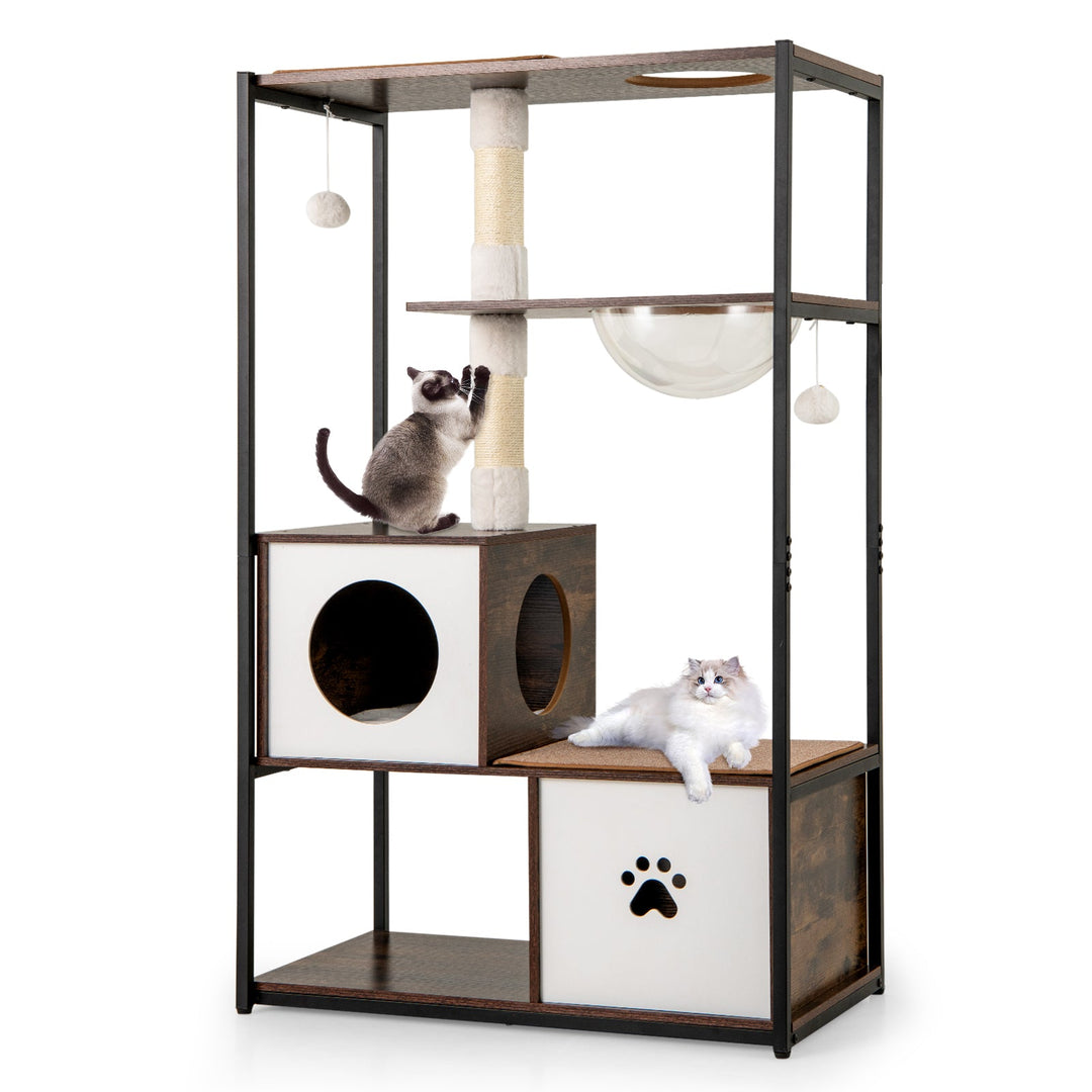 52 Inch Tall Wooden Cat Tree Metal Frame with 2 Condos and Cushions-Coffee