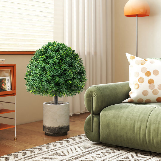 28 Inches Artificial Boxwood Topiary Ball Tree Set of 2 with Ground Spike-Green