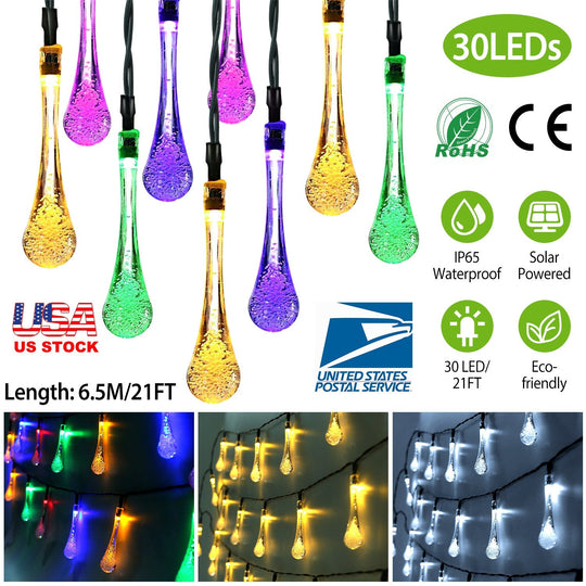 Outdoor Solar String Lights 21 Feet 30 LEDs Water Drop Solar Powered Lights Waterproof Solar Fairy Lights Decorative Solar Powered Lights for Home Pat
