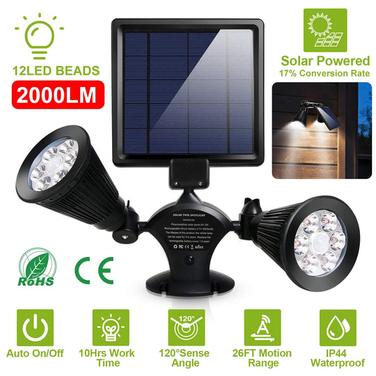 Solar Lights Outdoor Solar Power Motion Sensor Spotlights 2000lm Security Lights w/ Dual Head 360¡ Rotatable IP44 Wall Lights Garden Garage Driveway