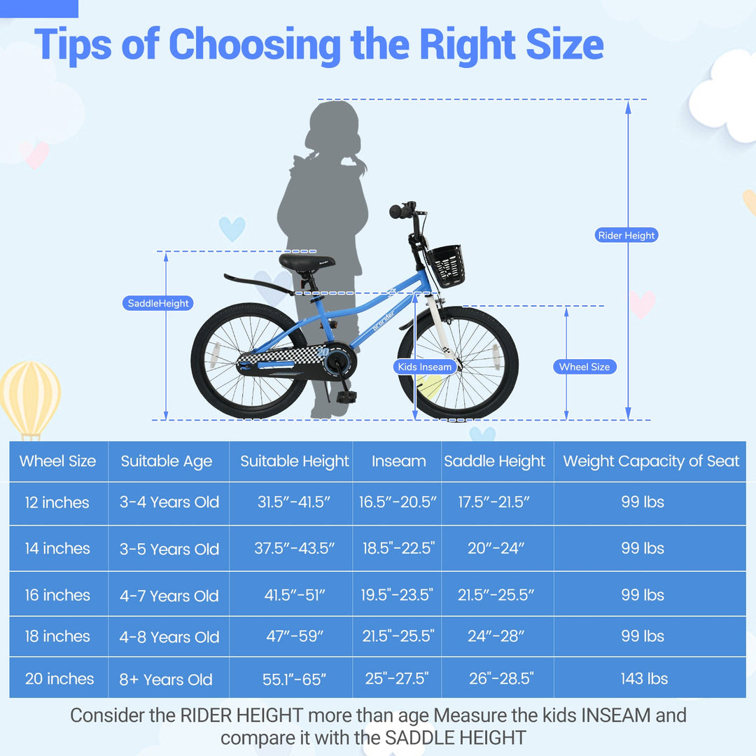 20 Inch Kids Bike Adjustable with Kickstand and Storage Basket for Aged 8+ Years