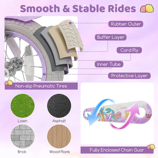 Kids Bike 12-20 Inch with Training Wheels & Basket Purple