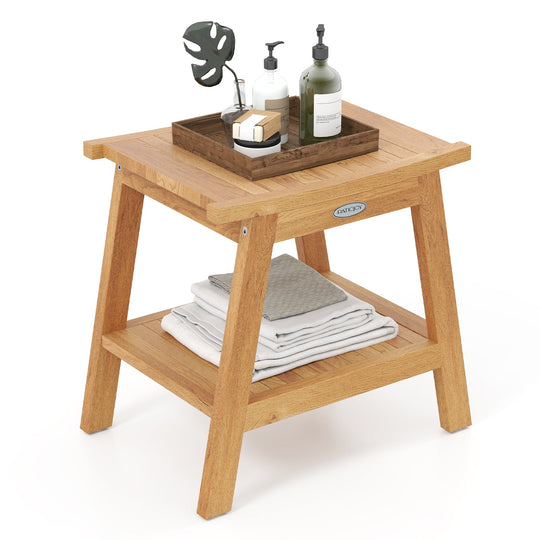 20 Inches Teak Wood Shower Bench with Storage Shelf and Adjustable Foot Pads