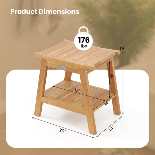 20 Inches Teak Wood Shower Bench with Storage Shelf and Adjustable Foot Pads