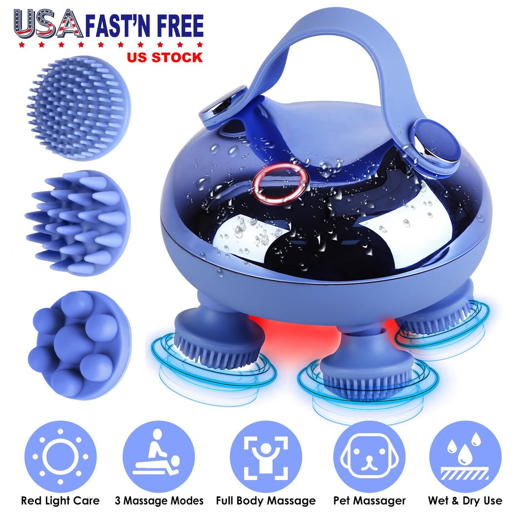 Electric Scalp Massager Rechargeable Head Mssager IPX7 Waterproof Dog Cat Massager with Red Light 3 Modes 3 Types of Massage Claws for Men Women Elder