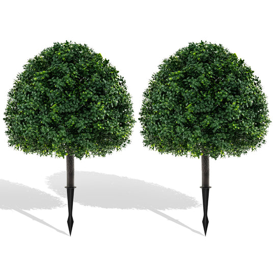 28 Inches Artificial Boxwood Topiary Ball Tree Set of 2 with Ground Spike-Green