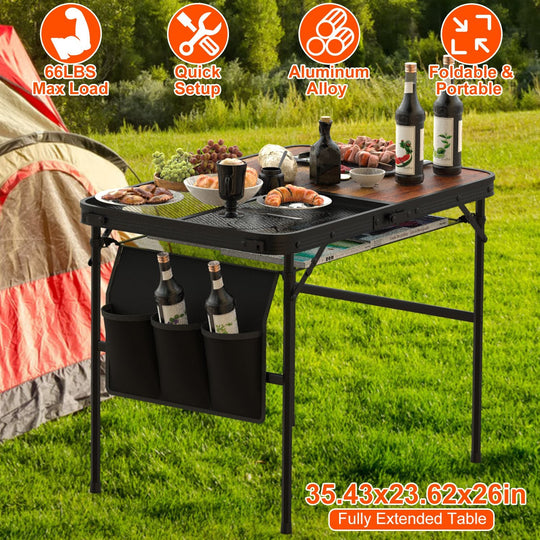 35.43x23.62x26in Foldable Camping Table Collapsible Picnic Aluminum Alloy Grill Stand 66LBS Max Load Height Adjustable BBQ Table with Adjustable Heigh