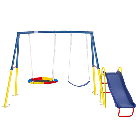 3 in 1 Swing Set with Slide for Backyard, Outdoor Playground Set with 33 Inch Saucer Swing, Belt Swing and Kids Slide, H
