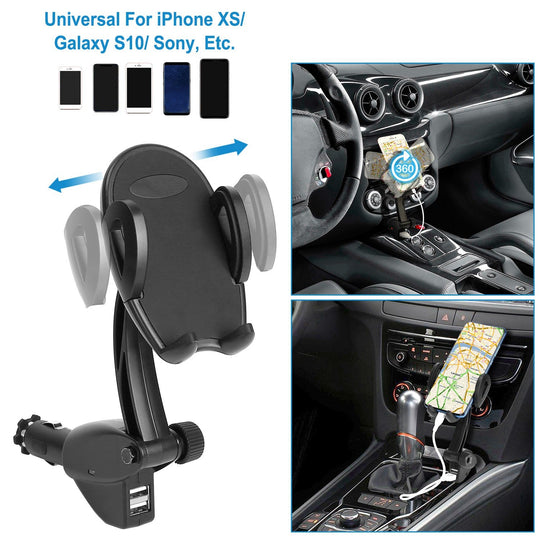 360¡ Rotation Car Phone Mount 3.1A Dual USB Cigarette Lighter Phone Holder Universal