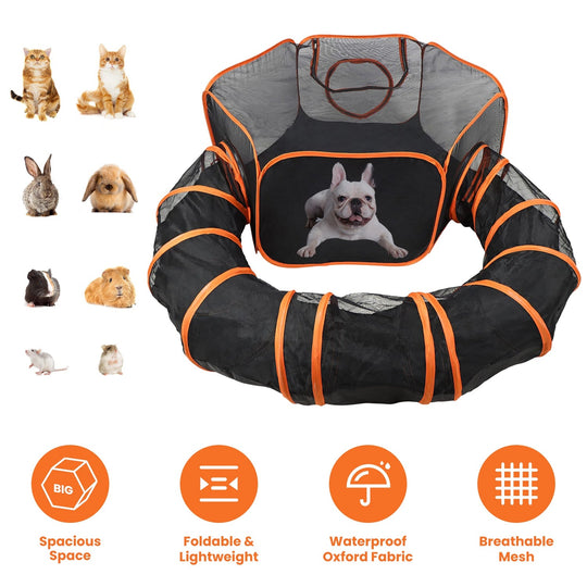 2 In 1 Foldable Pet Play Tent with Tunnel Pet Cage Tent Pet Enclosures Playground Indoor Outdoor with Carry Bag for Dog Cat Rabbit
