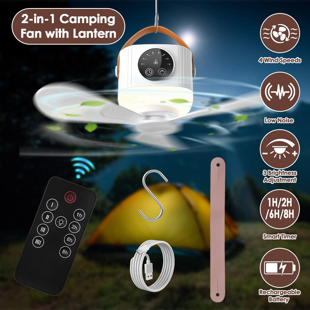 Rechargeable Tent Ceiling Fan with LED Light & Remote