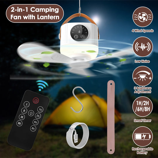Rechargeable Tent Ceiling Fan with LED Light & Remote